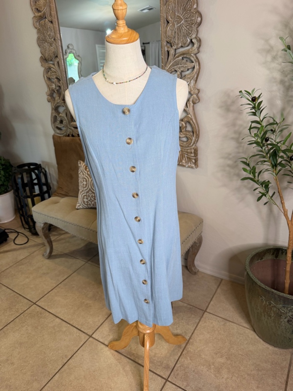 Sleeveless Light Blue Button-Front Womens Dress